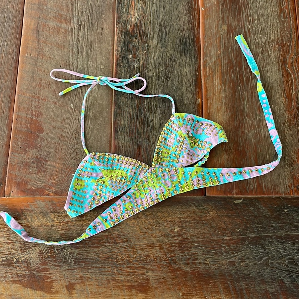 Anna Sui top. Gorgeous color, brass studded and unique! Too, bra, sparkle.